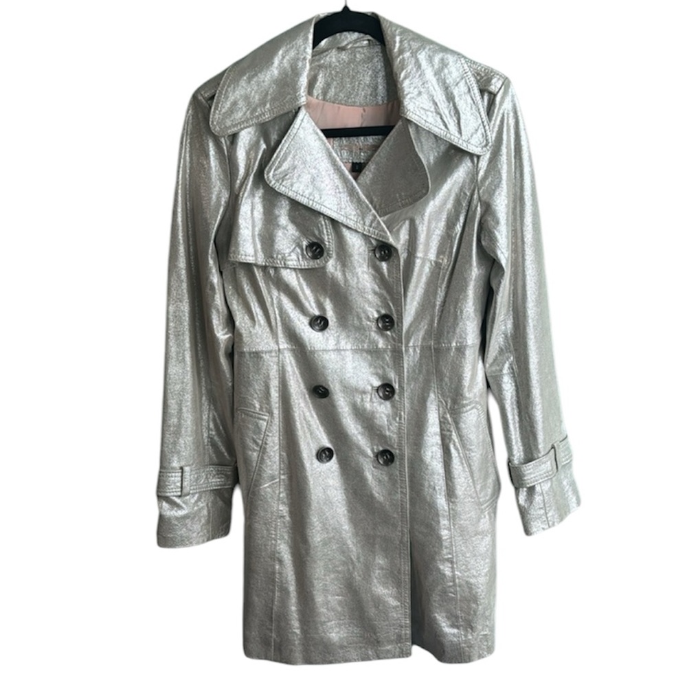 Genuine Leather Metallic Silver Trench Coat